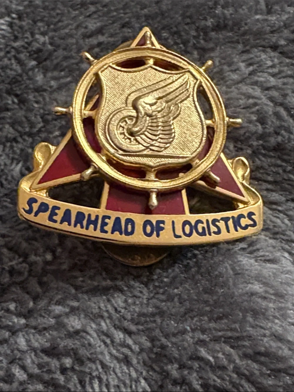 US Army Transportation Corps Spearhead of Logistics Gold & Red Enamel Lapel Pin
